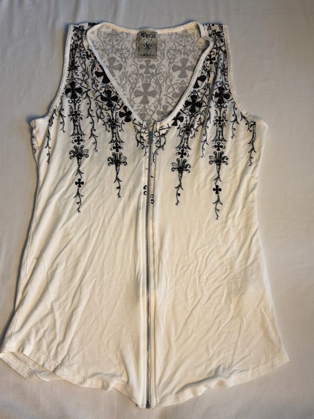 Vocal White Tank Top with Black Filigree Zip Front